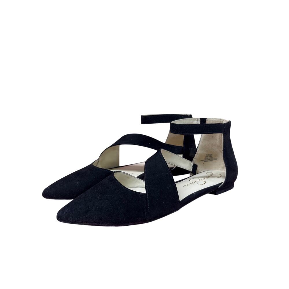 Jessica Simpson Sz 8 Black Faux Suede Pointed Toe Cross Strap Flat D’Orsay Shoes
